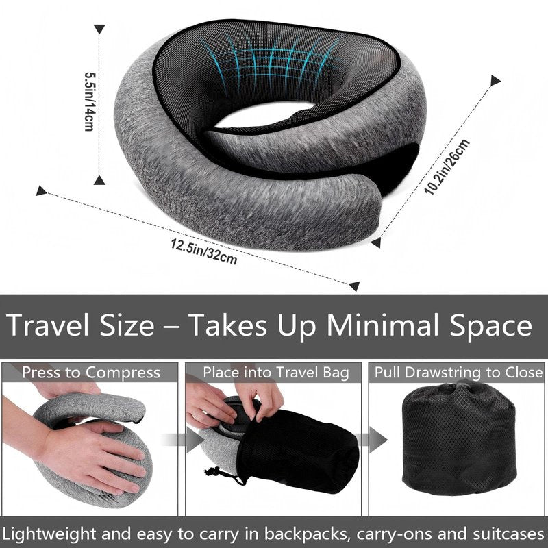 GongPath Travel Neck Pillow for Airplane, Memory Foam Neck Pillow with 360° Support, Adjustable Velcro, Breathable Washable Cover, Compact for Long Flights, Car, Train, Office, Light Grey(Dark Grey)