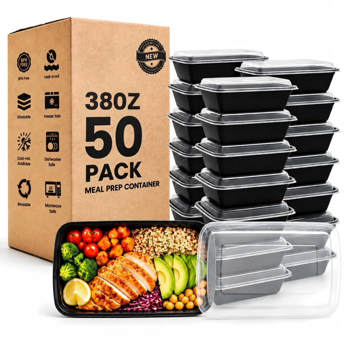 50 Pack 32 oz Meal Prep Containers Reusable BPA Free, Plastic Containers with Lids Microwave/Freezer/Dishwasher Safe, Disposable Food Storage Containers, To Go Containers Leakproof for Leftover