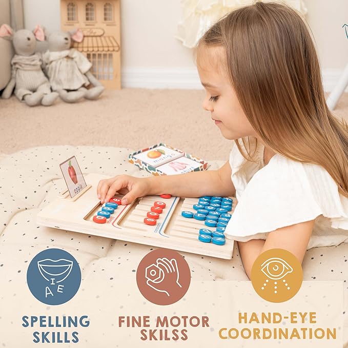 Montessori Learning Toy for 4 Year Old Kids and up | Wooden Educational Alphabet Board with Flashcards | Pre-K Essentials for Reading & Spelling. Great Homeschool CVC Word Game Gift for Boys & Girls