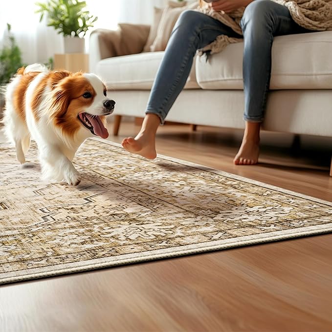 8x10 Area Rugs for Large Living Room Washable Low Pile Non Slip Stain Resistant Euro Floral Distressed Big Boho Carpet Rug Ultra-Thin for Bedroom Dining Room Farmhouse Family Room,Natural Beige