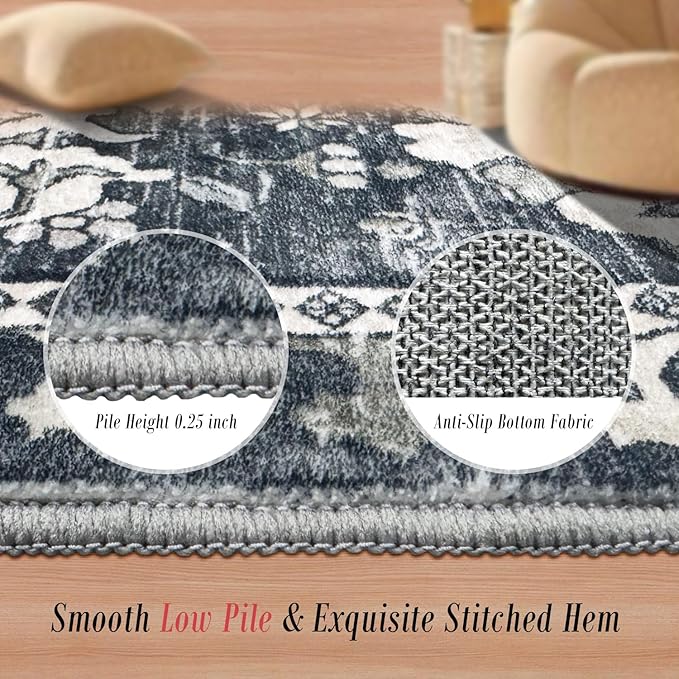 RUGSURE Washable Area Rugs - Perfect for Living Room, Bedroom, Kids Room, Nursery - Stain & Water Resistant Non-Slip, Pet & Child Friendly, Vintage Tribal Area Rugs (Grey, 9' x 12')