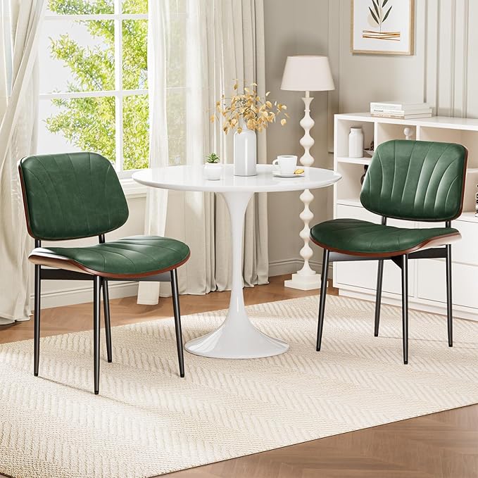 Dining Chairs Set of 2, Mid-Century Modern Upholstered PU Leather Chairs with Walnut Bentwood Back and Metal Legs Adjustable Feet for Kitchen Dining Room, Dark Green Shell Strips