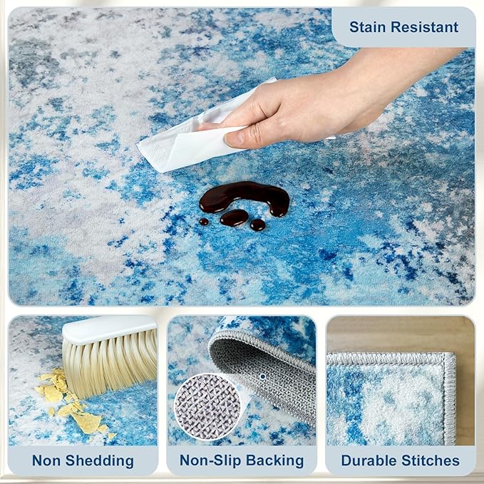 8x10 Area Rugs Living Room Rug - Washable Neutral Modern Abstract Large No Slip Soft Thin Rug Indoor Floor Carpet for Bedroom Under Dining Table Home Office Nursery Room - Blue White