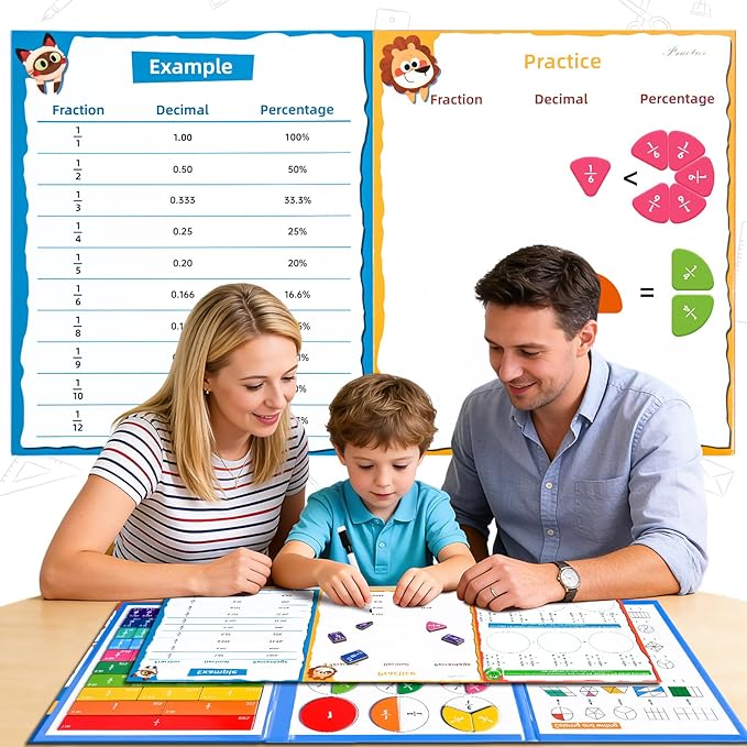 Magnetic Fraction Tiles & Circles Montessori Set for Elementary Kids - Hands-On Math Manipulatives with Activity Book - Learn Fractions, Decimals, Percentages