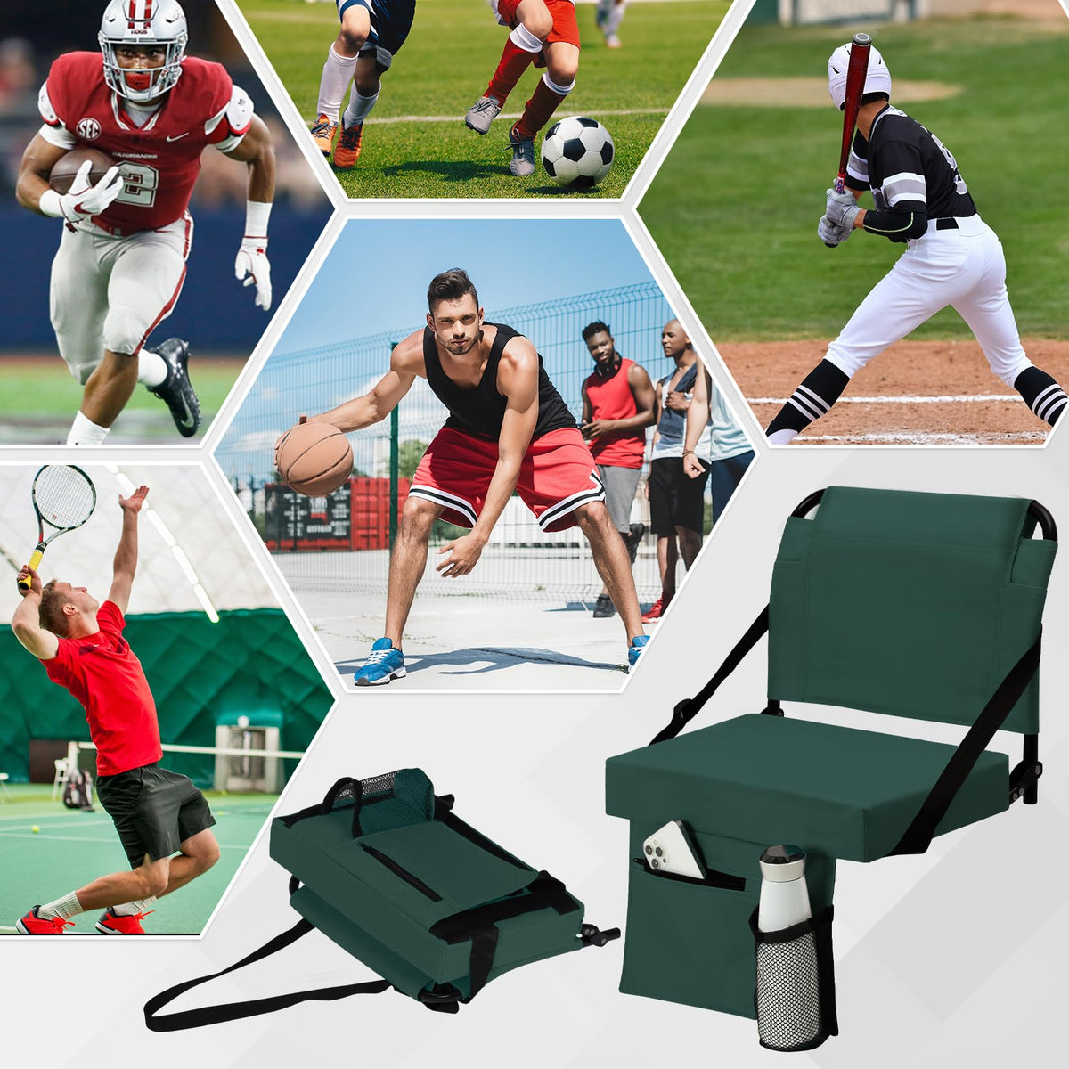 ACIPENSER 2pcs Stadium Seat for Bleachers with Back Support，Portable Bleacher Chairs with Back and Cushion，Includes Shoulder Strap and Cup Holder，Green