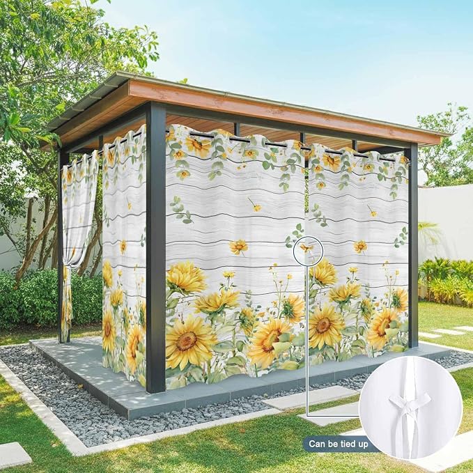 Sunflowers Outdoor Curtains for Patio Summer Floral Eucalyptus Leaf Wood Plank