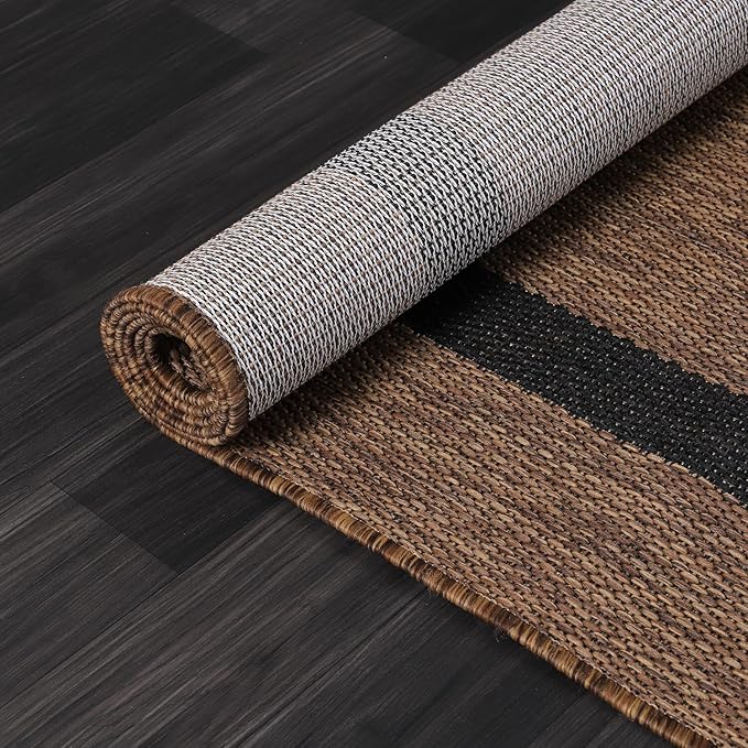 Bordered Outdoor Rug 9x12 Washable Outside Carpet for Indoor Patio Porch Waterproof Easy Cleaning Non Shedding Area Rugs Nut Brown - Black 9 x 12