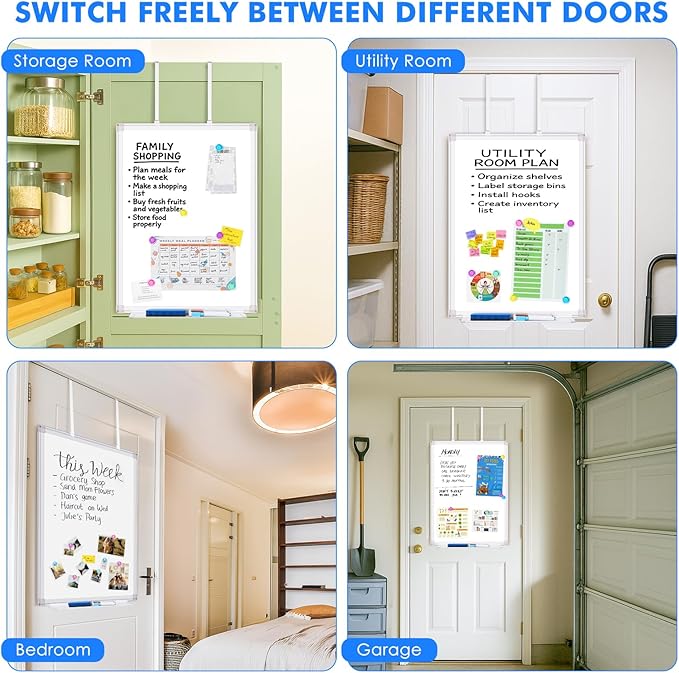 Magnetic Dry Erase Board for Doors, 24x18 Inch Whiteboard with Adjustable Long Arm Hook Mount - Easy to Install, Portable Hanging White Board for Home, Dorm Room, Office Cubicle & Small Spaces