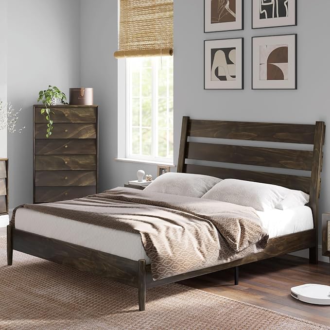 VanAcc Solid Wood Queen Bed Frame, Platform Bed with Reclining Slatted Headboard, Mid Century Bed Frame with Wood Slat Support, Dark Brown