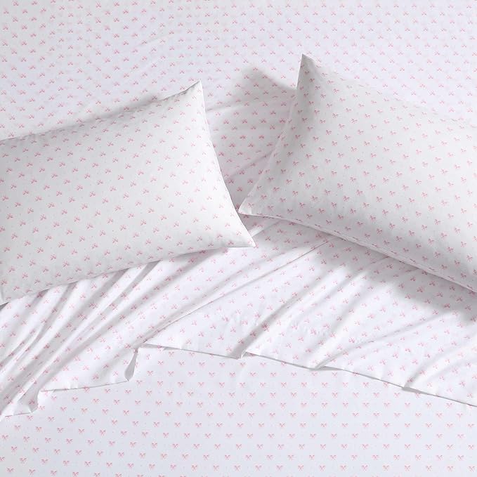 Laura Ashley Kids - Twin XL Sheet Set, Soft & Wrinkle-Resistant Toddler Bedding Set, Deep Pockets, Girl Bed Sheets with Matching Fitted Sheet & Pillowcase (Lovely Bows Pink)