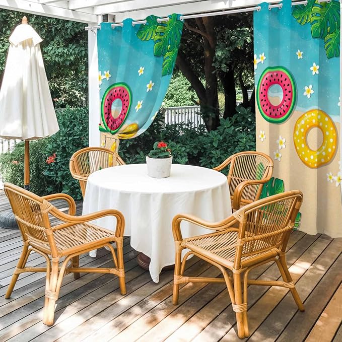 Summer Outdoor Curtains for Patio Plumeria Swimming Circles Ocean Beach