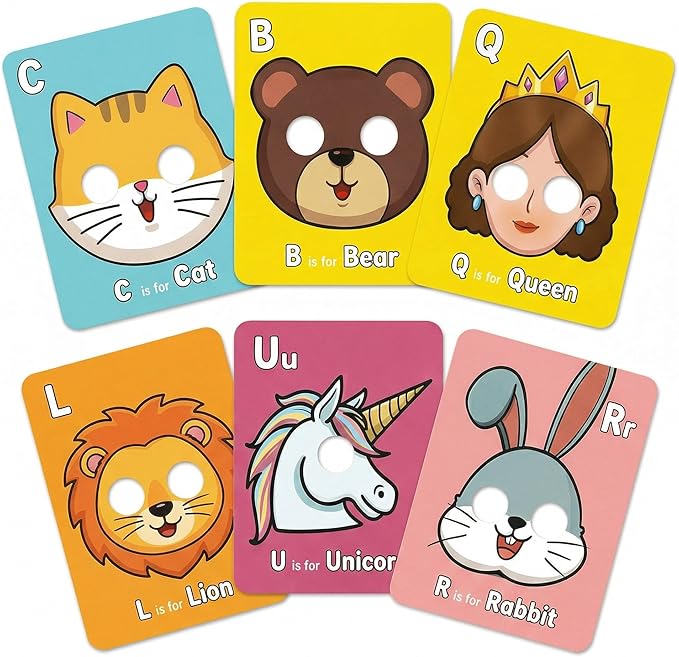 Giant Animal Alphabet Flash Cards with Handheld Animal Masks - 26 Pcs ABC Learning Cards for Toddlers 1-3 - Phonics Mnemonic Letter Recognition Toys for Preschool & Kindergarten Classroom