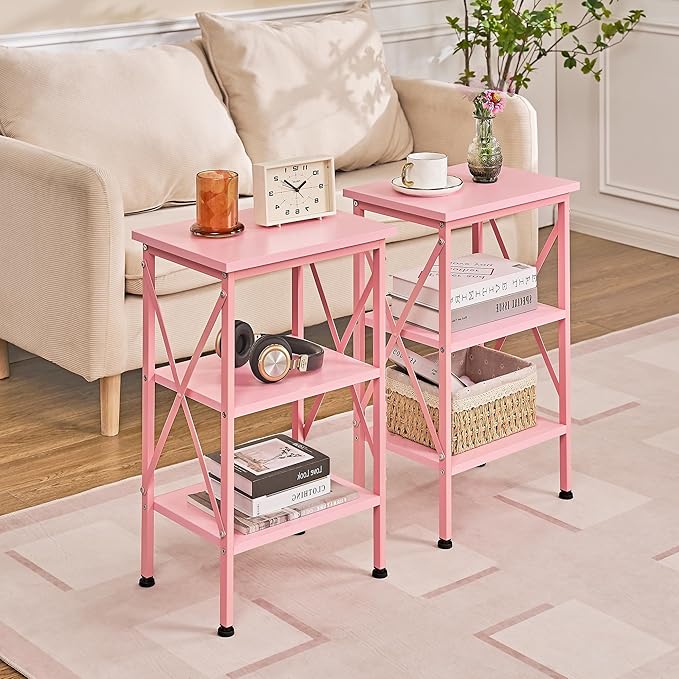 VECELO End Table Set of 2, Bedside Table, 24" Tall Living Room End Tables, X-Design Reinforced Nightstands, Side Table with 3-Tier Storage Shelves for Small Spaces, Office, Bedroom, Pink