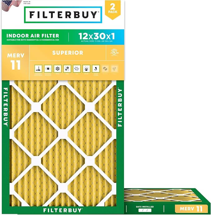 Filterbuy 12x30x1 Air Filter MERV 11 Superior Pet & Allergy Defense,