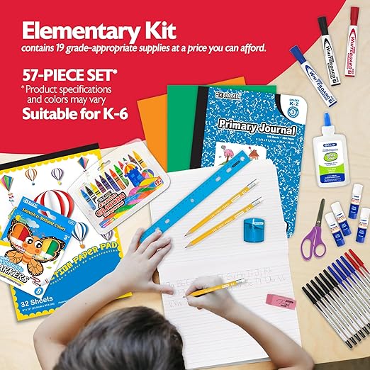 BAZIC PRODUCTS Primary School Supply Kit, 57-count Student Set for Kindergarten and Elementary Students Grades K–6, Complete School Supplies With Fully Organized Supply Box, 1-pack