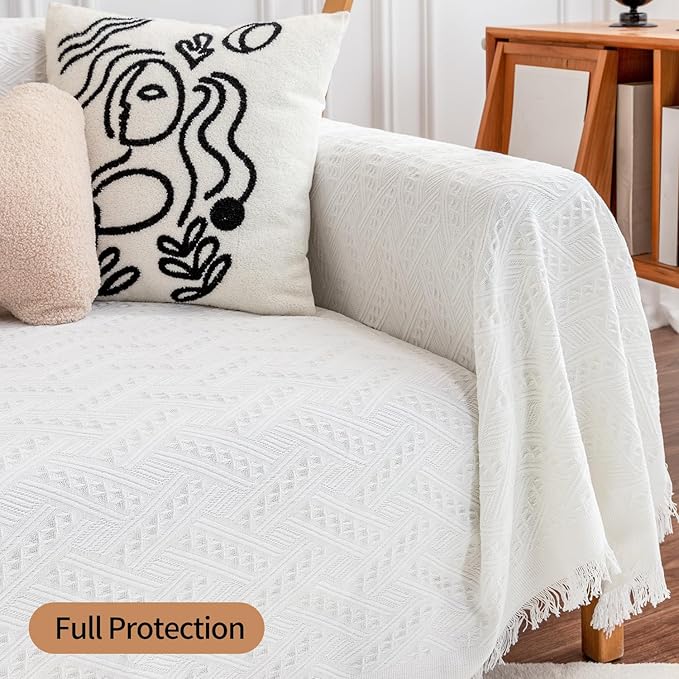 Deep Dream Sofa Cover, Sectional Couch Covers, Couch Covers for 3 Cushion Couch, Couch Cover for Dogs, Geometrical Jacquard Fabric Sofa Cover (X-Large, 71" x 118", White)