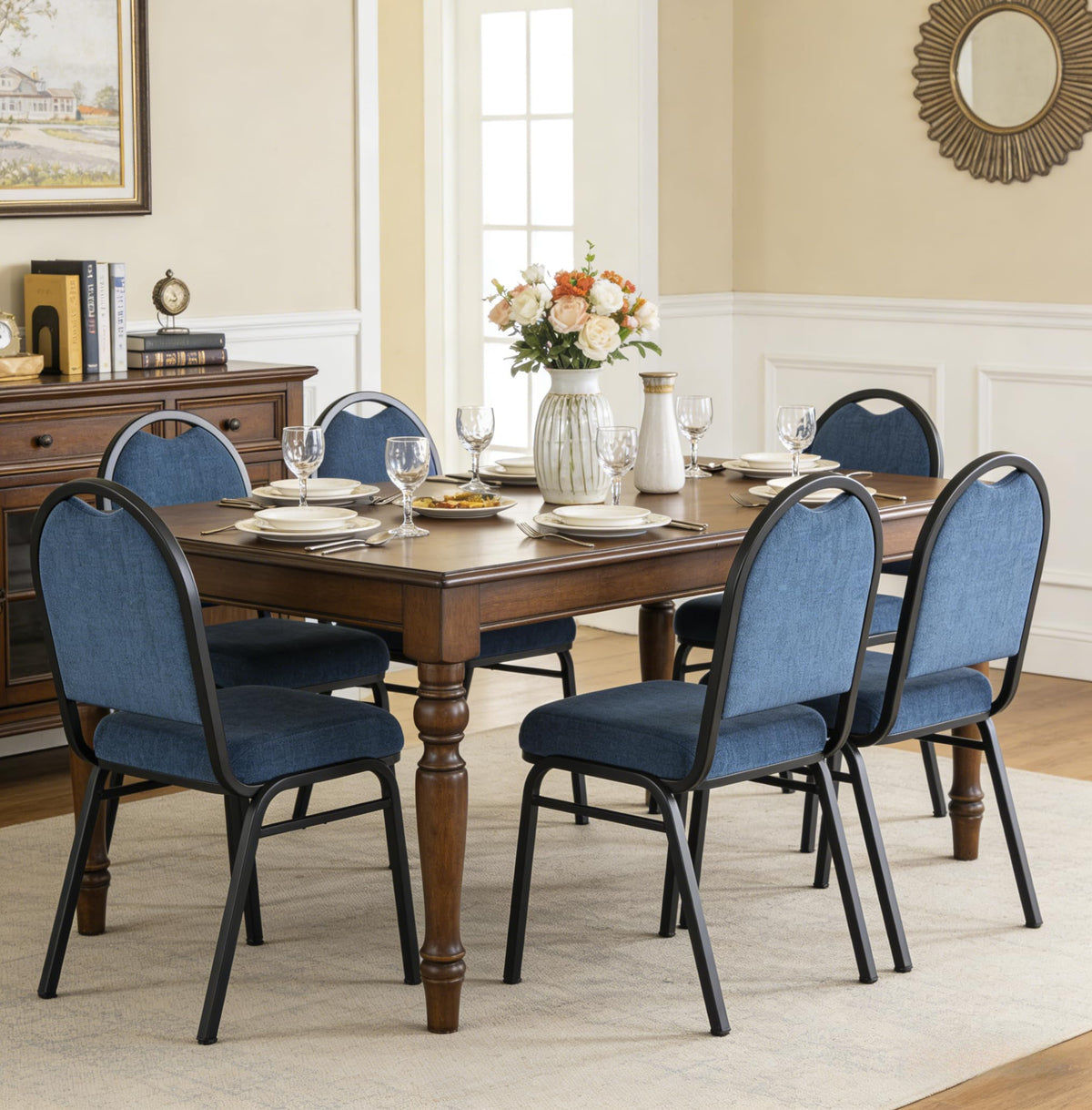 MAKE CHANGES Stackable Banquet Dining Chairs 4 Pack, Upholstered Crown Back Event Chairs with Blue Fabric Seat, Heavy Duty Steel Frame, 300 lb Capacity, No Assembly, for Restaurant Wedding Conference