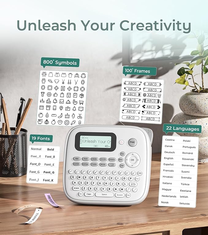 Label Maker Machine with 4 Tapes, D210s Labelmaker, Replacement for Brother Ptouch Label Maker Machine, Waterproof Removable Freezer Food-Labels for Jars/Containers/Bottle