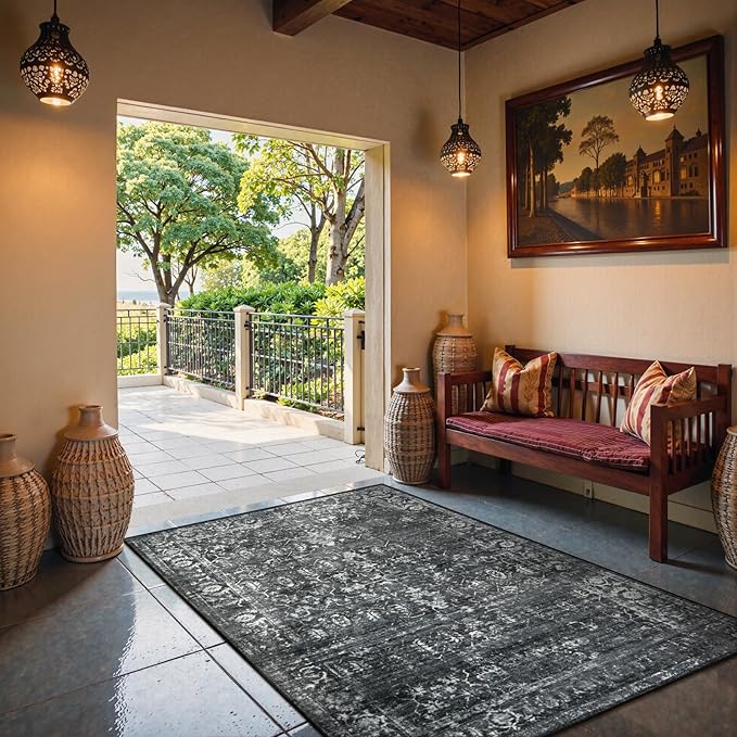 Lahome Washable Black 4x6 Area Rugs for Living Room Bedroom, Boho Vintage Non Slip Stain Resistant Floor Dining Room Carpet for Office Entrance Decor