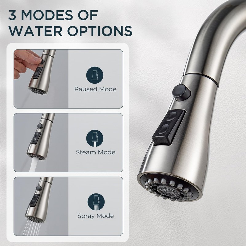 QFN Kitchen Faucet with Pull Down Sprayer Brushed Nickel, High Arc Single Handle Single Level Stainless Steel Pull Out Sink Faucet for Farmouse Camper RV Bar, Fit for 1 or 3 Hole