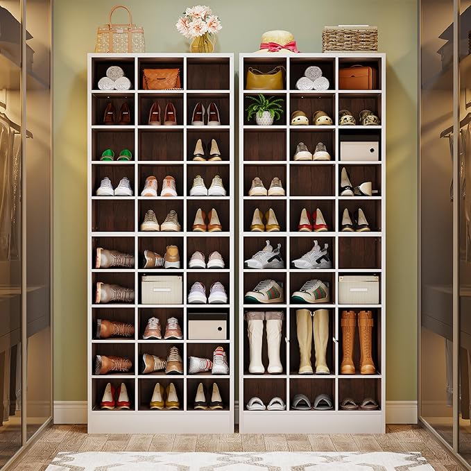 Tribesigns 10-Tier Shoe Storage Cabinet Set of 2, White and Brown Wooden Shoe Rack with 30 Cubbies, Freestanding Tall Entryway Shoe Organizer for Closet, Entryway, Living Room