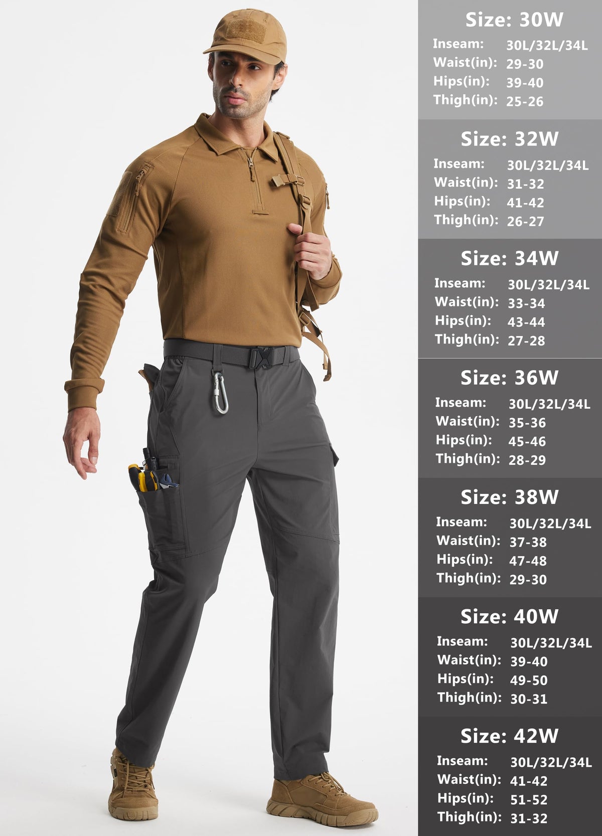 Libin Men's Work Pants Hiking Cargo Pants Water Resistant Stretch Tactical Outdoor Trousers with 9 Pockets, Dark Grey, 34W x 32L