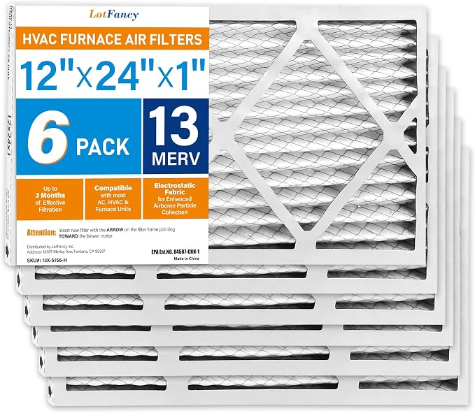 LotFancy 12x24x1 Air Filter MERV 13 6-Pack, Electrostatic Pleated HVAC Furnace