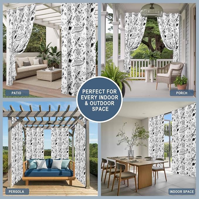 Cartoon Space Outdoor Curtains for Patio Rockets Astronauts Planets Black