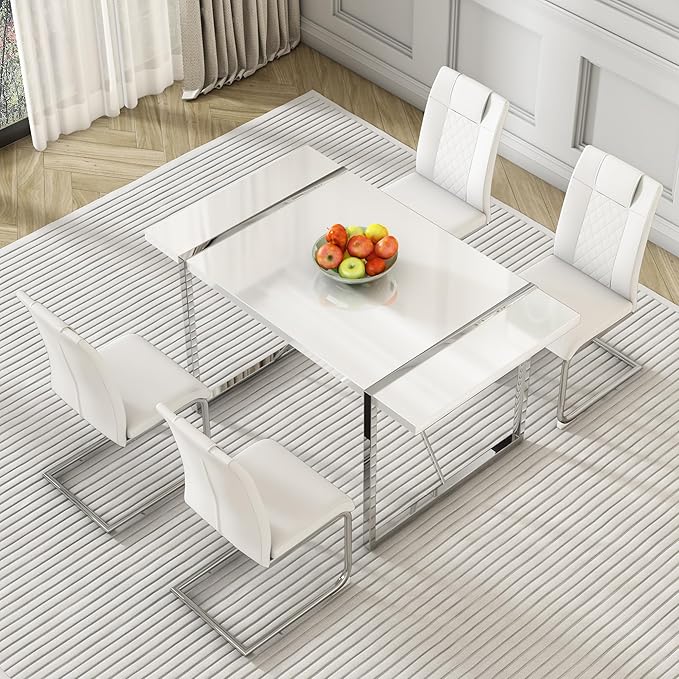Dining Table Chairs Set for 4, Modern Rectangular Dining Room Table Set PU Leather Upholstered Dining Chairs 55" Dinner Table Set for Kitchen, Dining Room (Dining Table Set for 4, White)