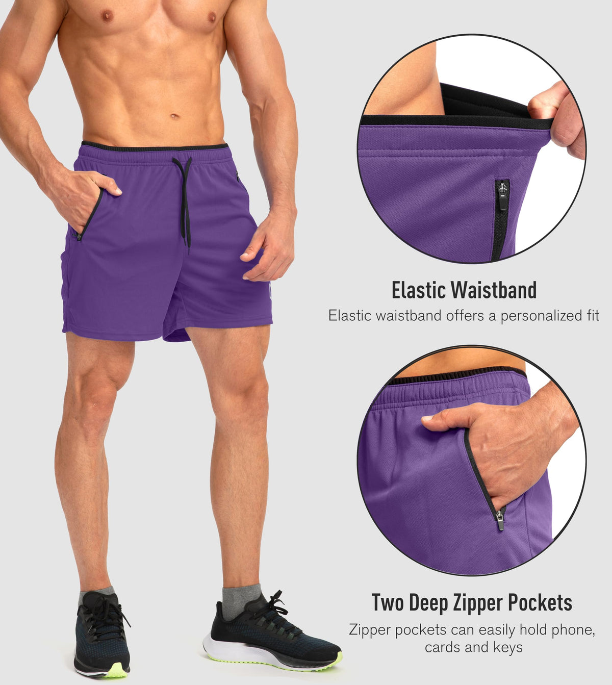 Men's Gym Workout Shorts Zipper Pockets 5" Quick Dry Breathable Runing Athletic Short for Men (Purple, Small)