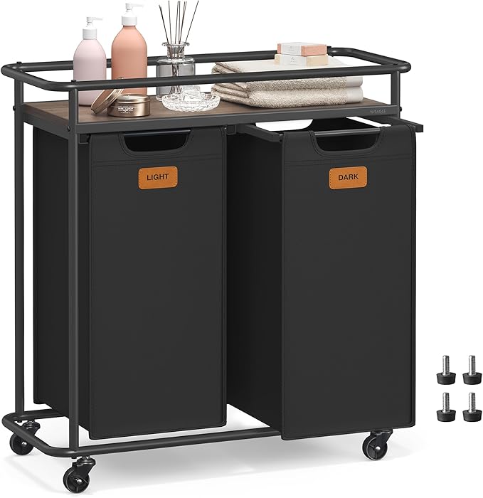 VASAGLE Laundry Sorter, Laundry Hamper with Wheels, 26.4 Gal. (100 L) Portable Rolling Cart Baskets with Shelf, 2 Removable Liners and 6 Labels, Ink Black and Chestnut Brown UBLH102BH01