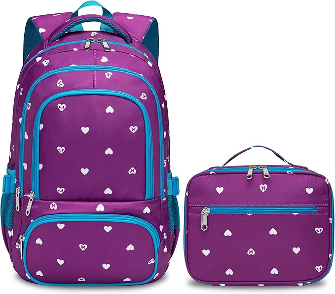BLUEFAIRY Kids Backpack with Lunch Box for Girls Boys Elementary Primary Middle School Bag with Lunch Bag Set 17 Inch Bookbag Mochilas Escolares para Niñas Niños (Hearts, Purple)