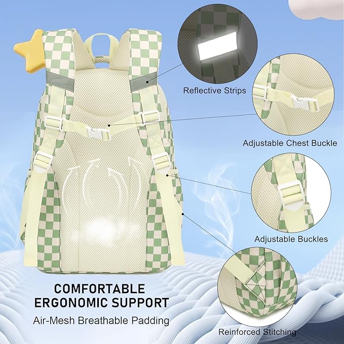 Girls School Backpack Set - Teens Kids School Bag Bookbag with Lunch Box Pencil Case for Elementary Middle School (Checkered Green)