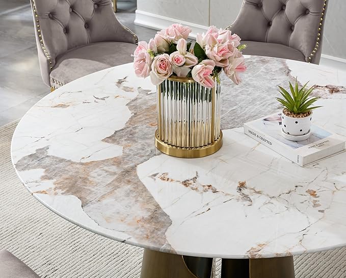 3-Piece Faux Marble Round Dining Table Set for 2, Modern Luxury Kitchen Table Set for 2 with Black Tufted Chairs,Circle Dining Tables with Pandora Grain Top and Bronze Pedestal Base