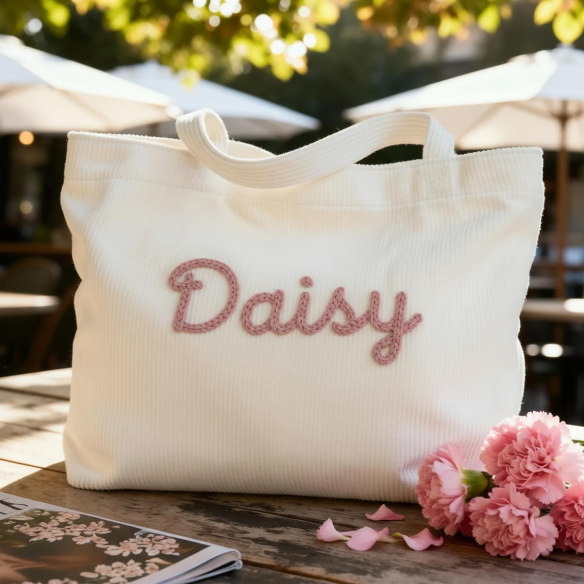 HASAWIN Personalized Embroidered Corduroy Tote Bag - Bridesmaid Gift, Custom Name Tote Bag, Everyday Essential & Weekender, Christmas Gift for Her