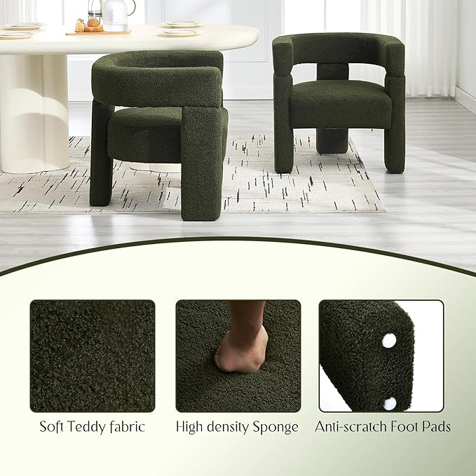 Sherpa Barrel Dining Chairs Set of 3, Upholstered Boucle Accent Kitchen Chairs with Arms, Comfy Faux Fur Side Chair Modern Armchair for Dining Room, Bedroom, Home Office, Green