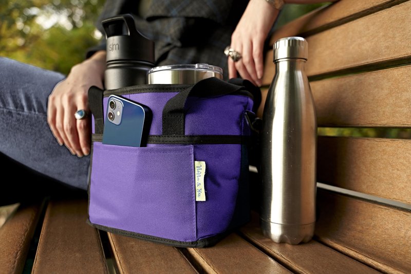 4 Water Bottle Holder with Strap | Family Size 4 Compartment Drink Bag, Multiple Tumbler Carrier Caddy | Adjustable Fits Large & Small Drinks | Hands Free, Won't Tip Over in Car (Purple)