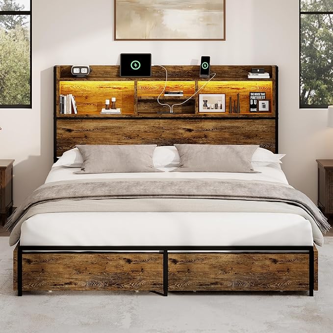 King Storage Bed Frame with 6 Drawers, USB Charging Station, No Noise, No Box Spring Required, Vintage Brown Headboard Platform Bed