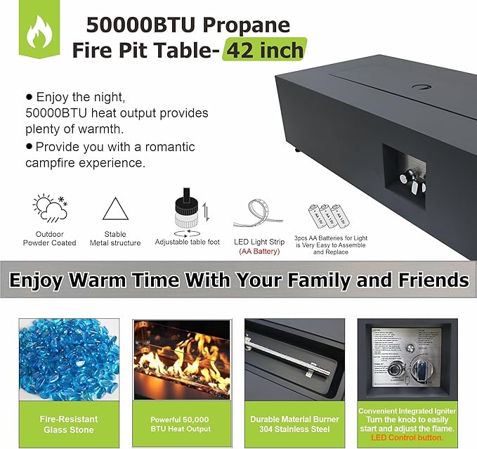 2-Piece 42" LED Rectangular Propane Fire Pit for Outside Patio with Hidden Tank Table, 50,000 BTU Fireplaces with Glass Wind Guard, Lid, Glass Rocks, Cover(Black w/RGB Light)