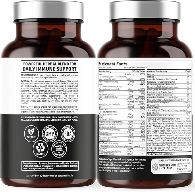 N1N Premium Plant Based Multivitamin [42 Powerful Ingredients] Men & Women Daily Multivitamins with Raw Veggies and Fruits, Probiotics, Alfalfa, Echinacea, Spirulina and Digestive Enzymes, 90 Tablets