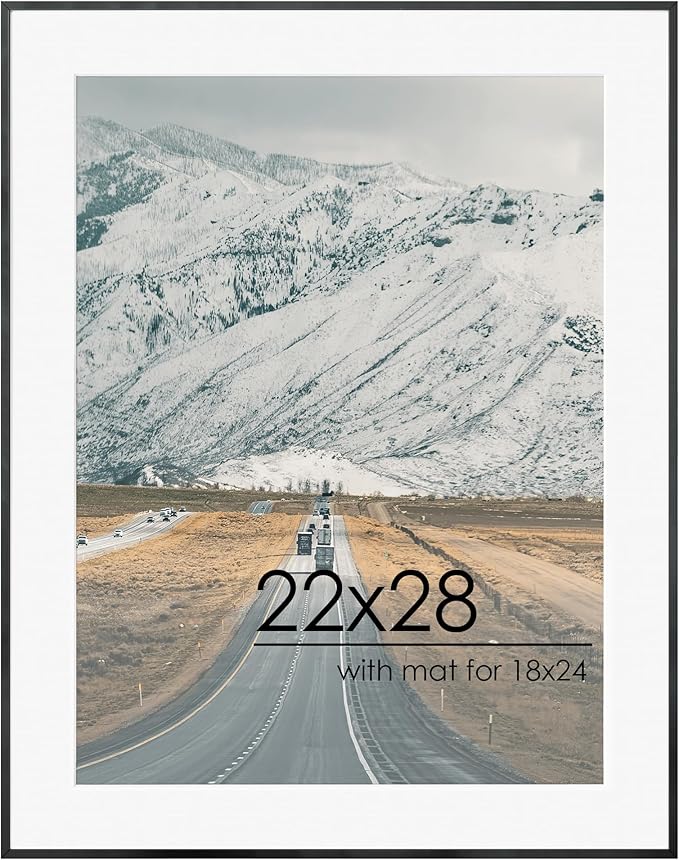22x28 Metal Picture Frame For Wall With Mat For 18x24, 22''x28'' Aluminum Photo Frames With Tempered Glass, Minimalist Modern Poster Frame Horizontal And Vertical Formats, Black