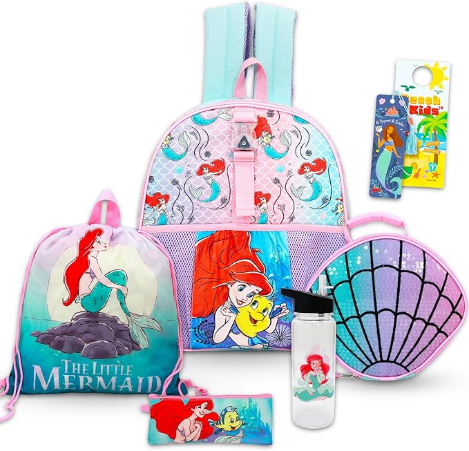Disney The Little Mermaid Backpack and Lunch Box - Bundle with 16" Ariel Backpack, Lunch Bag, Pencil Holder, Water Bottle, Stickers, More | Little Mermaid School Bag for Girls Set