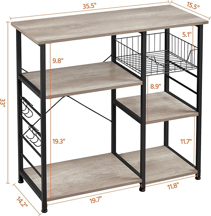 Yaheetech Kitchen Bakers Rack with Wire Basket, Coffee Bar Table Station Microwave Oven Stand Kitchen Utility Storage Shelf with 6 S-Shaped Side Hooks, Metal Frame, 15''D x 35.5''W x 33''H, Gray