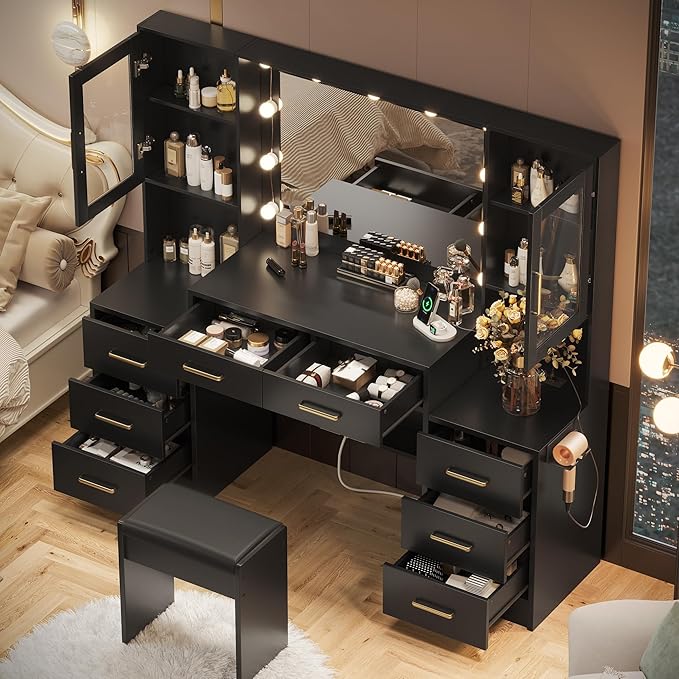 58.3" Black Vanity Desk with Mirror, Lights and Charging Station, 3 Lighting Modes Makeup Desk with 8 Drawers, 2 Cabinets and Lots Storage, Dressing Table Vanity Set for Girls