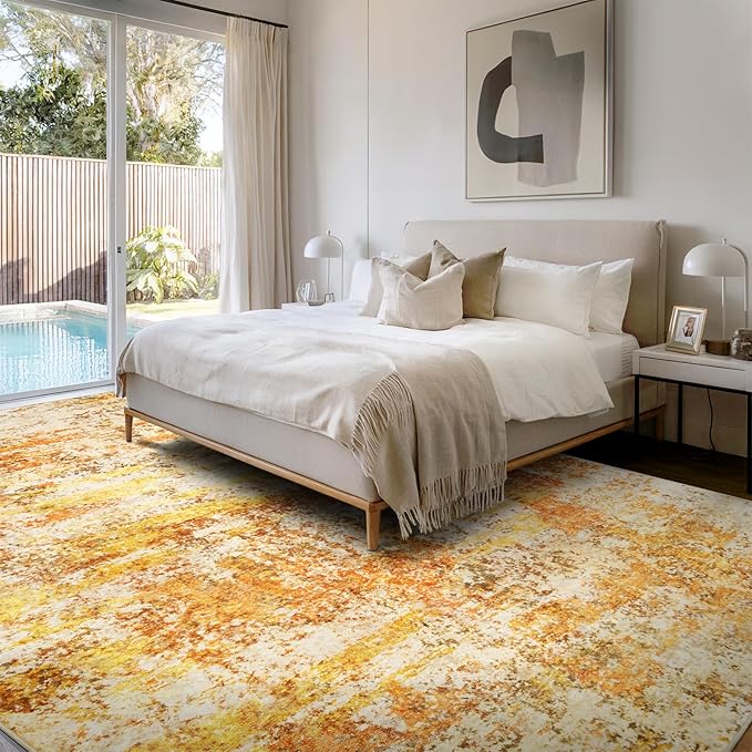 Washable Area Rugs 8x10 - Abstract Living Room Rugs Modern Neutral Soft Rug Stain Resistant Non-Slip Low Pile Large Carpet for Bedroom Dining Room Nursery Home Office - Orange/Gold