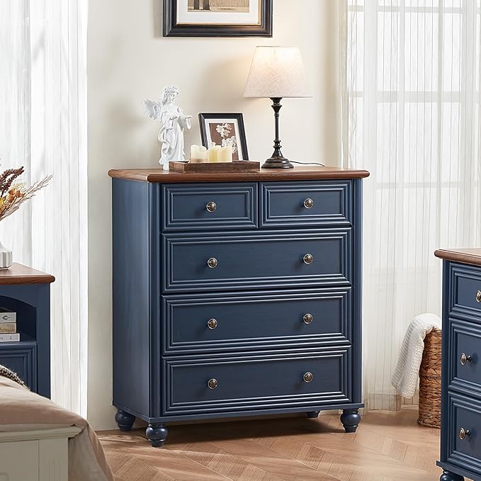 Farmhouse 5 Drawer Dresser Set of 2, Blue Rustic Chest of Drawers, 35.5" Tall Small Dressers for Bedroom with Roman Column and Metal Handles,Wood Storage Organizer for Living Room,Hallway,Closet
