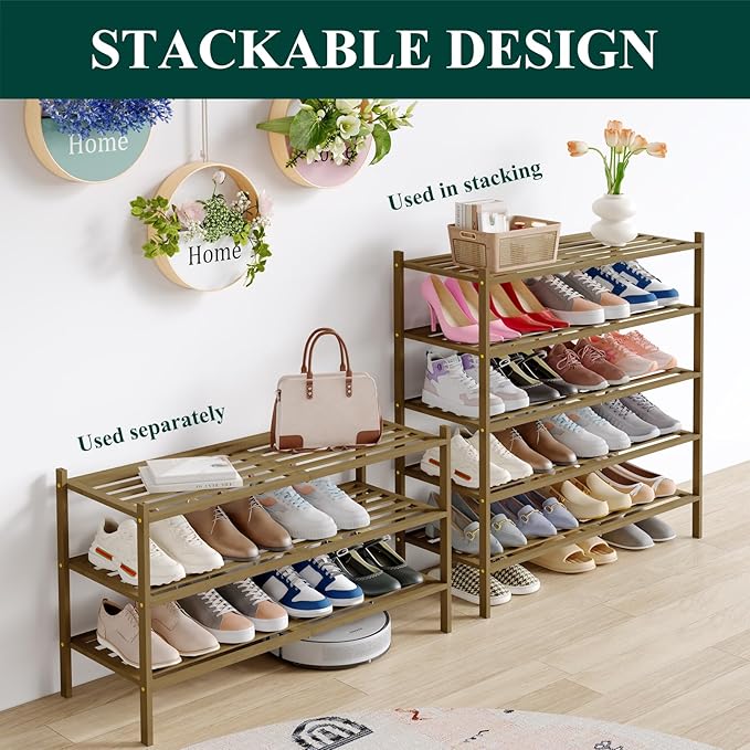 Smiry Long Bamboo Shoe Rack 5-Tier, Stackable Wooden Shoe Organizer for Entryway & Closet, Free Standing Wood Shoe Storage Shelf for Front Door & Small Spaces, Walnut