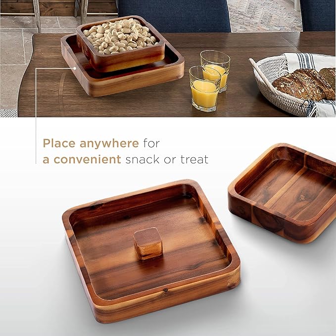Wood Pistachio Snack Bowl with Shell Storage, Double Dish Holder Nut Bowl Pedestal for Sunflower Seed, Peanut, Cherries, Edamame (Brown)