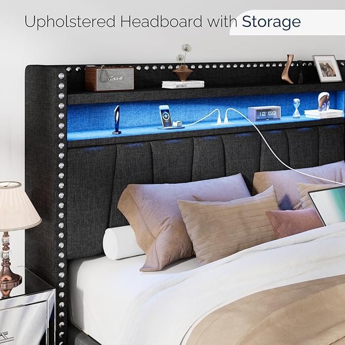 Full Size Bed Frame with Storage Headboard and Drawers Modern Rivets Upholstered Bed Frame with LED Charging Station Full Bedframe No Box Spring Needed