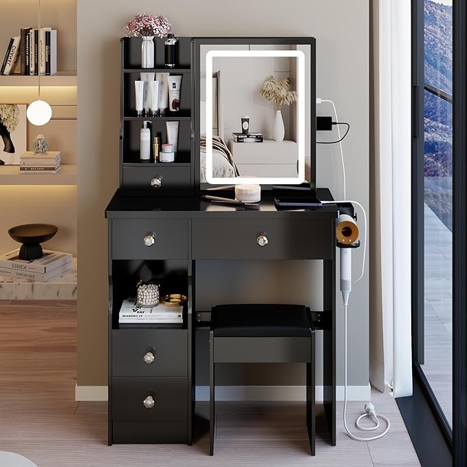 29.2" Small Vanity Desk with Mirror and Lights, Makeup Table with 2 AC+2 USB Power Station, Hair Dryer Bracket, Vanity Set with 5 Drawers and Stool for Small Space Bedroom, Black